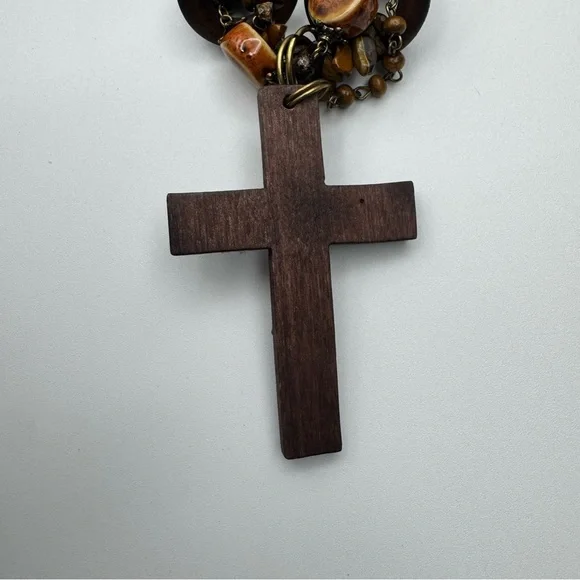 Vintage Rustic Boho Cross Statement Necklace Tiger Eye - Picture 4 of 15